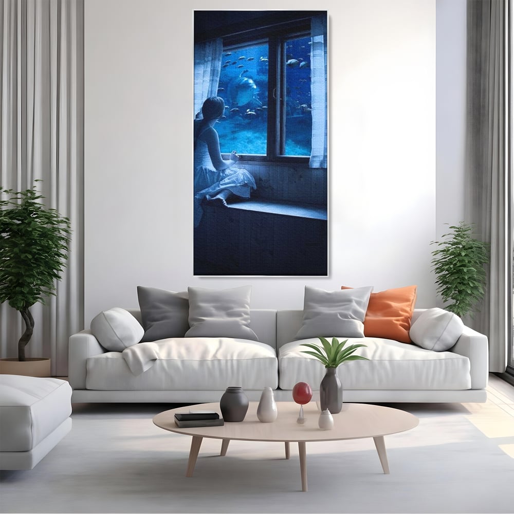 Tablou canvas cu tablou canvas cu fata privind in acvariu, in rama de aluminiu argintiu, pe perete intr-un living